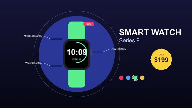 Smart watch product advertisement template featuring customizable colors specs callouts and shop now button