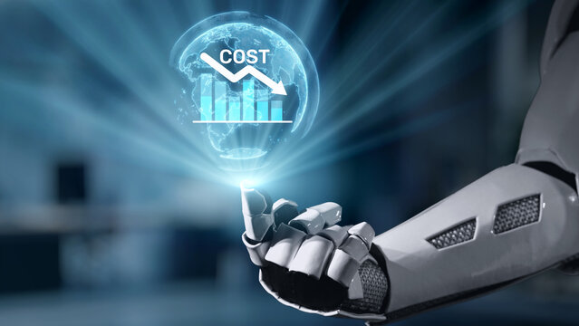 A futuristic robot hand hovers over a globe displaying a cost graph, symbolizing the intersection of technology and business analytics in a modern setting. Salient