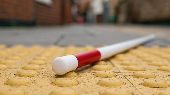 Cane with white tip resting on yellow tactile paving for blind pedestrian mobility and guidance