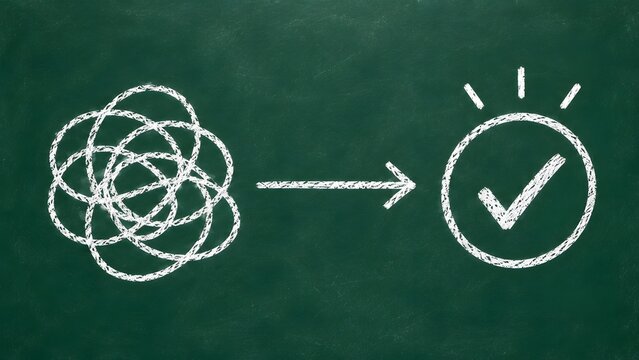 Chalkboard concept of transforming a tangled messy knot into a clear checkmark representing problem solving and successful solution
