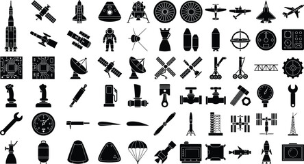 WebBlack and white vector icon set featuring space exploration, aviation, aerospace engineering, and mechanical parts silhouettes. © MdMotaharul