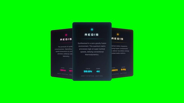 Ultra premium 4K motion graphics asset featuring solid metallic luxury cards displaying glowing sci-fi quantum cores. Completely rebuilt for strict greenscreen compositing. Features a dynamic 10s