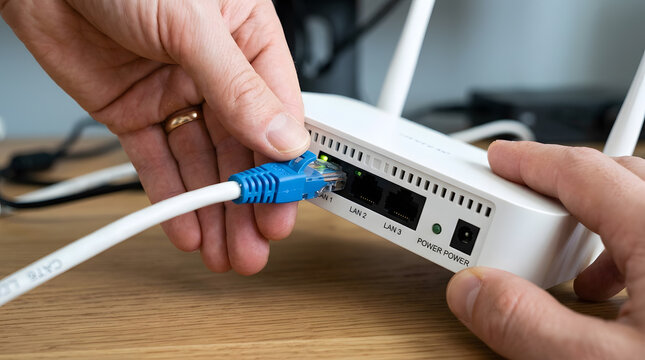 Connecting Blue Ethernet Cable into White Wi-Fi Router LAN Port | Hands Plugging Ethernet Cable into Home Internet Router | Network Setup and Hardware Router Installation Close Up