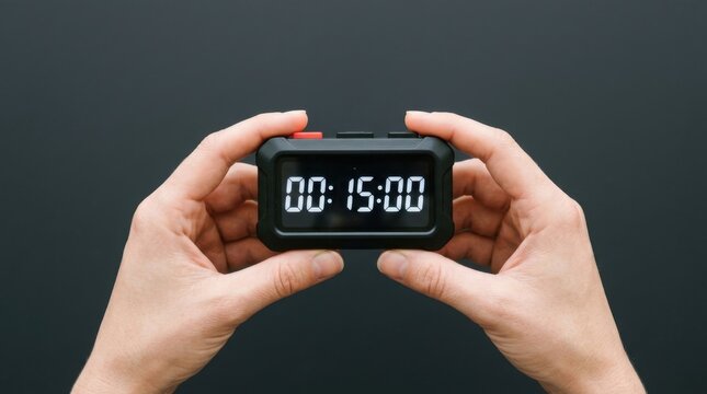 Close up of hands holding a digital timer displaying 15 minutes.