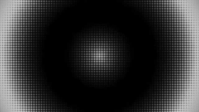 abstract halftone background texture animation. Circle Halftone Transition Reveal White Pixels on Black Background 4k video