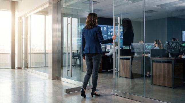 Woman entering modern office through glass door as security staff monitor screens behind firewall of controlled access and surveillance.