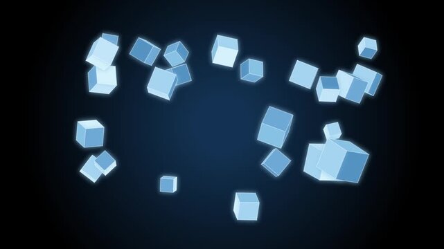 Abstract blue cubes floating and rotating in dark atmospheric space with soft light