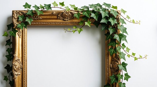 Golden ornate empty frame decorated with green ivy vines. Climbing plants wrap around antique wooden border. Botanical foliage creates natural border on white background. Elegant vintage frame with