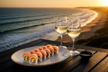 Fototapeta premium Fresh salmon sushi rolls on white plate with soy sauce on dark wooden table. Two glasses of white wine sit near ocean shore at sunset. Romantic dinner view with sea waves, beach during golden hour