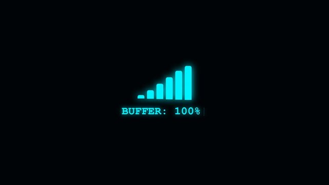 Glowing blue digital buffering icon on black background