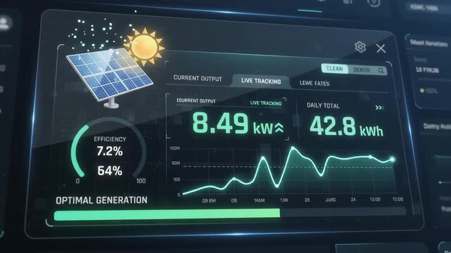 Digital dashboard displaying live solar energy generation tracking with efficiency metrics and performance graphs on dark futuristic technological monitoring background