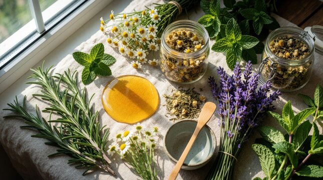 Assorted dried, fresh herbs lie on linen cloth near window. Chamomile flowers, lavender sprigs, rosemary, mint leaves, honey jar sit on table. Natural wellness ingredients for herbal tea holistic