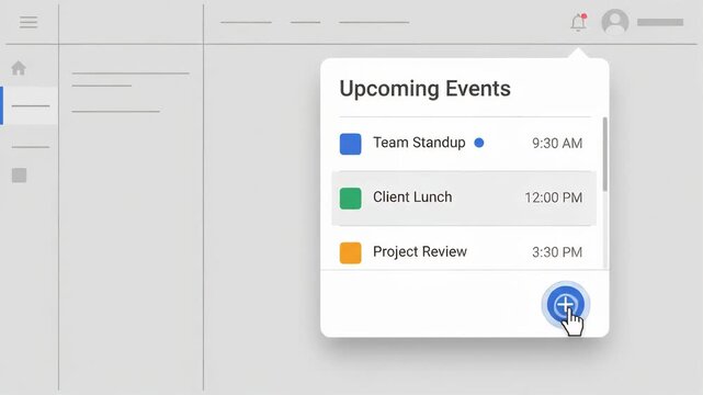digital interface displays popup window showing an upcoming events schedule while blurred dashboard menu and navigation icons are visible in the background of this software workspace