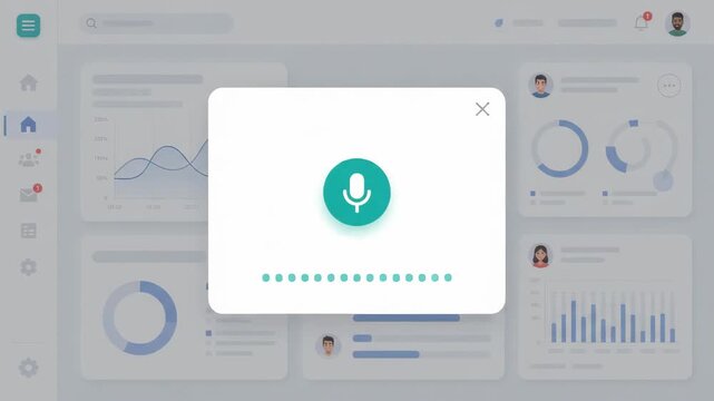 A digital voice recognition icon with active sound waves overlaying a blurred software dashboard interface displaying various data analytics charts and business metrics