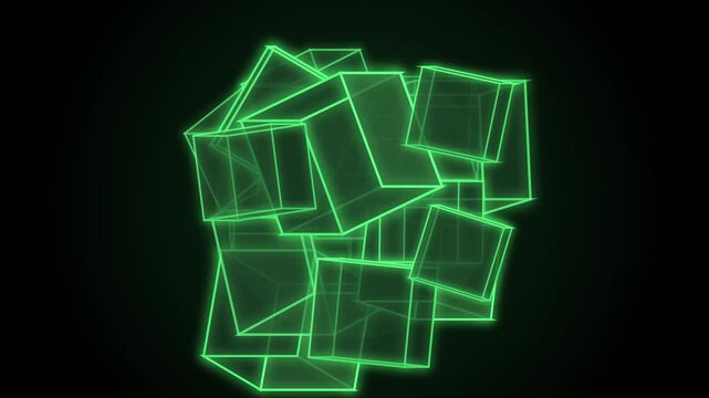 Abstract geometric cluster of glowing green cubes forming and reforming in dark space with subtle camera movement