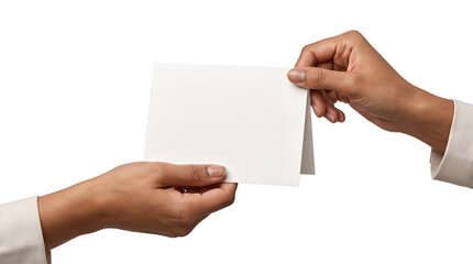 Two hands exchanging a blank folded greeting card mockup with an open front panel isolated on transparent background PNG © Abdulmalek