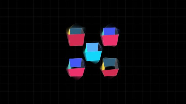 Abstract geometric cubes rotating with neon colors in dark space