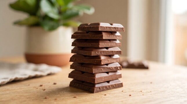 A vertical stack of square milk chocolate pieces on a wooden table, with a blurred green houseplant in the background