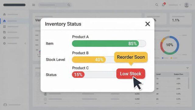 inventory status modal displays progress bars for various products on top of blurry professional business dashboard interface showing data analytics and charts