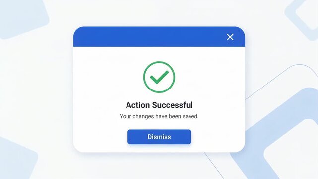 digital success confirmation notification window displaying green checkmark on computer screen interface with soft abstract geometric pattern in the background