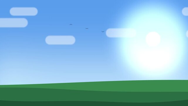 Animated sunset and moonlit night sky over green fields, seamless loop motion, nature background with clouds and celestial bodies