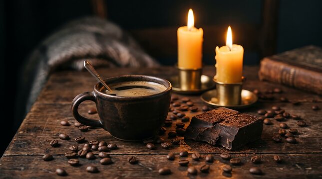Dark ceramic cup of black coffee with a silver spoon, two lit beeswax candles, and dark chocolate chunks on a rustic wooden table surface