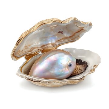 An open oyster shell with golden-beige ridged edges and a smooth, iridescent mother-of-pearl interior, holding a large oval baroque pearl with rainbow pastel reflections in pink, blue, and lavender