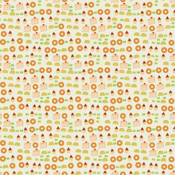 Food Pattern with Donuts, Cupcakes, Cake Slices, and Tacos