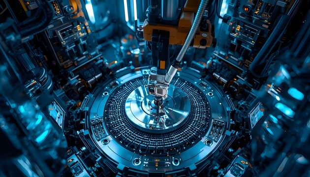 High-tech semiconductor cleanroom fab machinery with automated robotic arm processing silicon wafer inside advanced lithography equipment