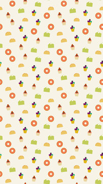 Seamless pattern of donuts, cupcakes, cake slices, and tacos