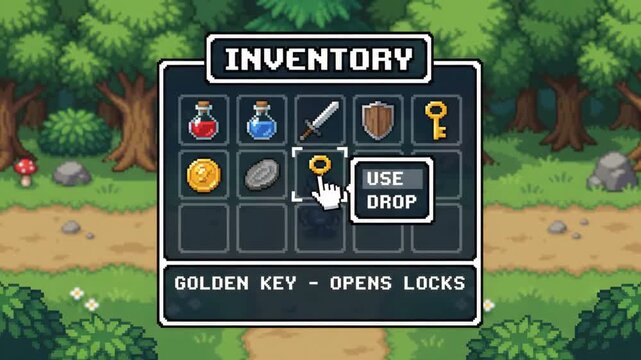 player navigating pixel art inventory menu with an iron sword selected set against backdrop of vibrant green forest path with trees and foliage