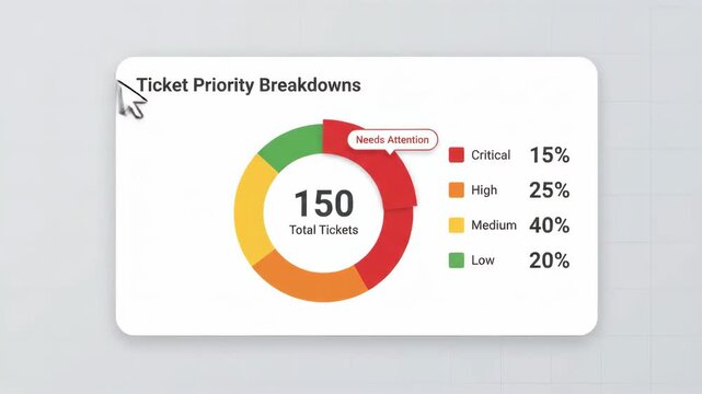 digital doughnut chart visualizing ticket priority levels displayed on clean interface with minimalist gray grid background highlighting status distribution for customer support management