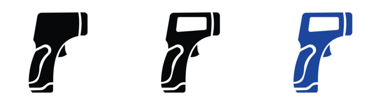 Black infrared thermometer silhouettes on white, various angles, tool 