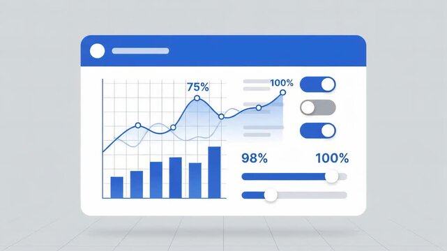 Digital dashboard interface displaying growing bar chart and control sliders for data analysis against clean minimal geometric grid background
