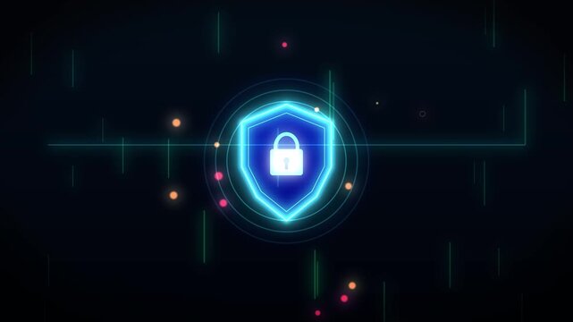 Digital shield icon protecting secure data stream with glowing particles in dark cyberspace abstract background