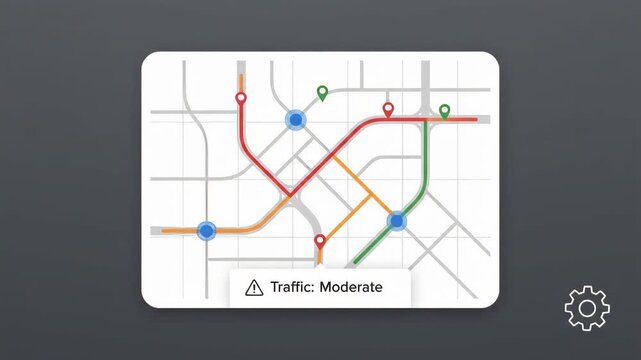 Digital map displaying live traffic flow with colored route indicators and navigation points on minimalist city grid background