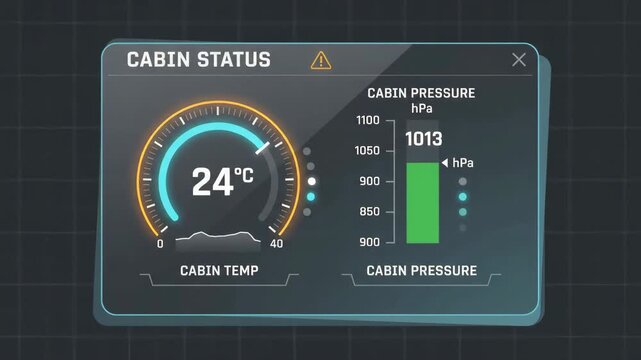 digital cabin status dashboard displaying temperature and pressure gauges on sleek interface screen against dark grid background monitoring environmental metrics in modern control system