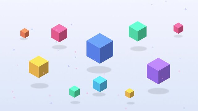 Floating colorful geometric cubes rotating in light studio space for abstract 3d motion graphics project backdrop