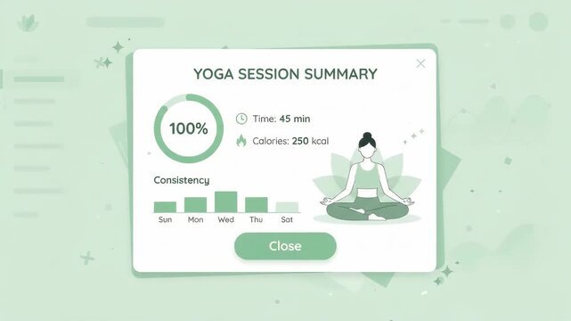 digital yoga session summary interface showing fitness progress metrics with percentage circle and activity statistics against an abstract light green background with geometric graphic elements