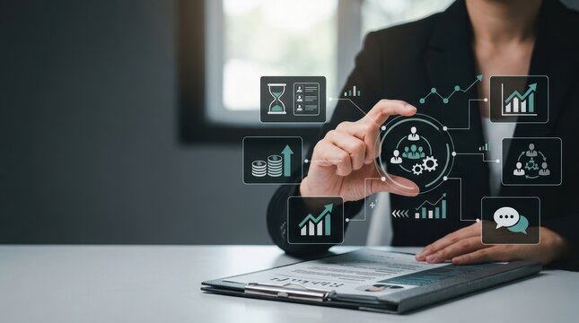 Business professional interacting with digital human resources and management icons for corporate strategy, recruitment, and organizational growth analysis