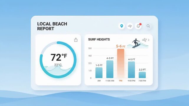 digital user interface showing local beach report with surf heights temperature gauge and surfer icon against soft blue gradient background representing coastal weather application