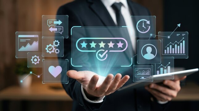 Businessman holding a digital interface with a fivestar rating and various business analytics icons representing customer satisfaction and performance metrics