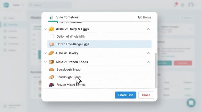 computer cursor interacts with an interactive grocery checklist in pop-up window overlaying blurry digital dashboard interface showing analytics and data management tools in the background
