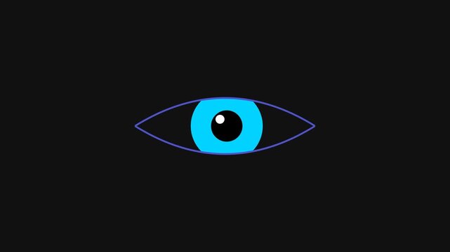 Minimalist animation of a stylized blue eye looking left right and center on a dark background representing surveillance tracking and digital vision technology.