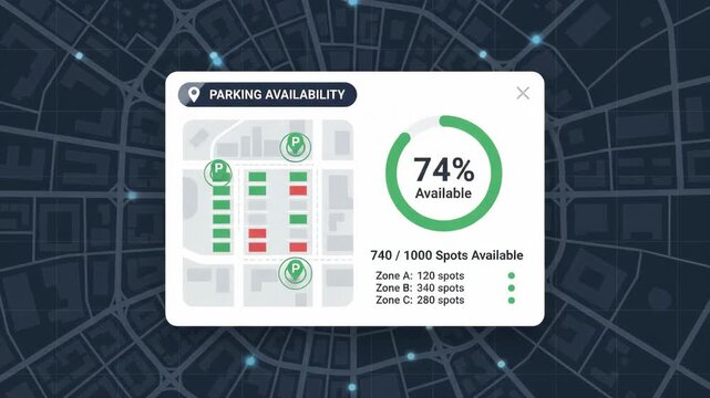 digital parking availability dashboard displays real-time lot occupancy data overlaid on stylized schematic map of city streets indicating occupied and vacant spots for urban traffic management