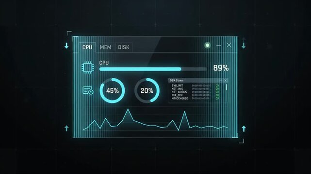 digital dashboard displays CPU and memory performance statistics with progress bars and data graphs set against dark tech-inspired background with subtle grid pattern overlay