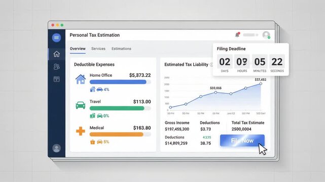 digital personal tax estimation dashboard interface displayed on computer screen against subtle professional grid-patterned background showing deductibles income and liability graphs