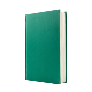 Closed green hardcover book standing upright on transparent background
