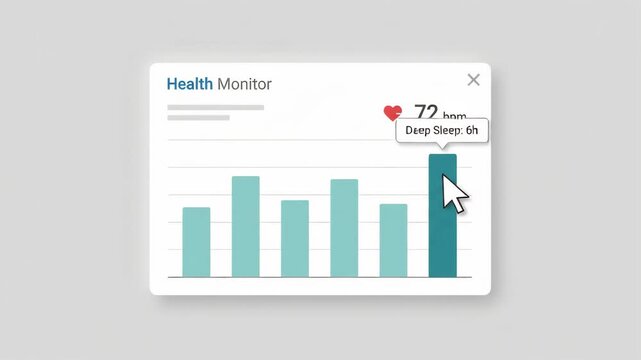 Digital health monitor interface showing bar chart and heart rate bpm display on clean light gray minimalist background