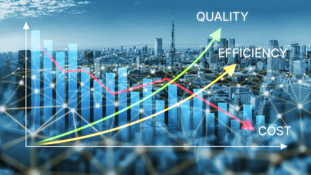Dynamic Graphs Illustrating Quality, Efficiency, and Cost Trends with City Skyline Background in Blue Tones. Bitwise.